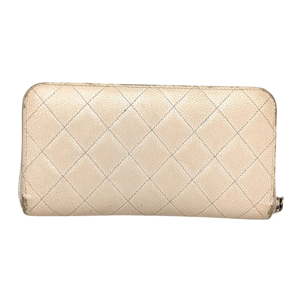 Chanel Beige Caviar Leather Zip Around‎ Wallet CC Quilted Logo Series 15